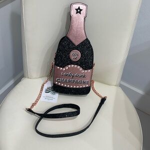 Skinny Dip Sparkly Pink/Black/Gold & Pearl I Only Drink Champagne" Crossbody Bag